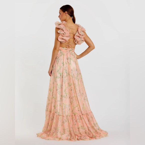 Mac Duggal 68703 Ruffle Tiered Floral Cut-Out Chiffon Gown in Pink Multi - Picture 2 of 5